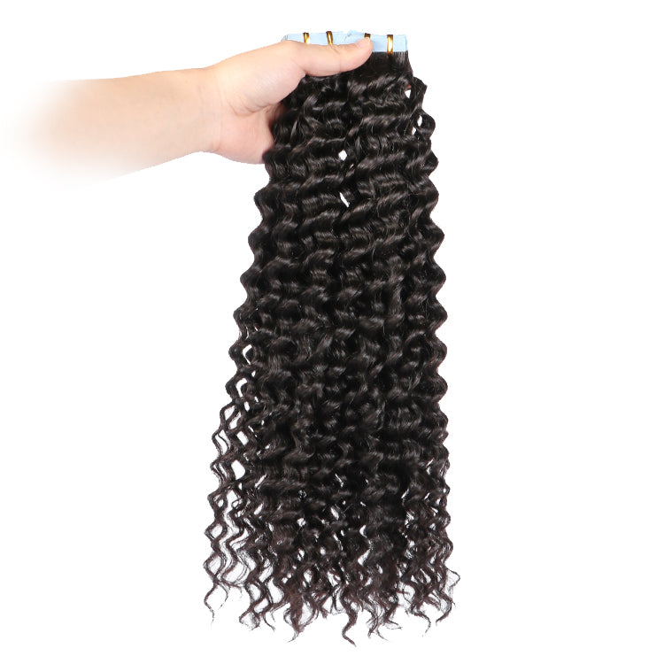 Premium #1B Natural Black Deep Curly Tape In Hair Extensions | 100% Human Hair