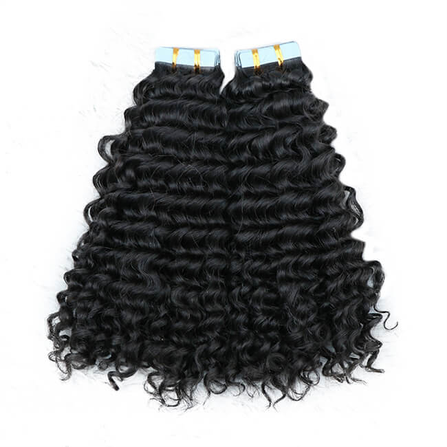 Premium #1B Natural Black Deep Wave Tape-In Hair Extensions | 100% Human Hair