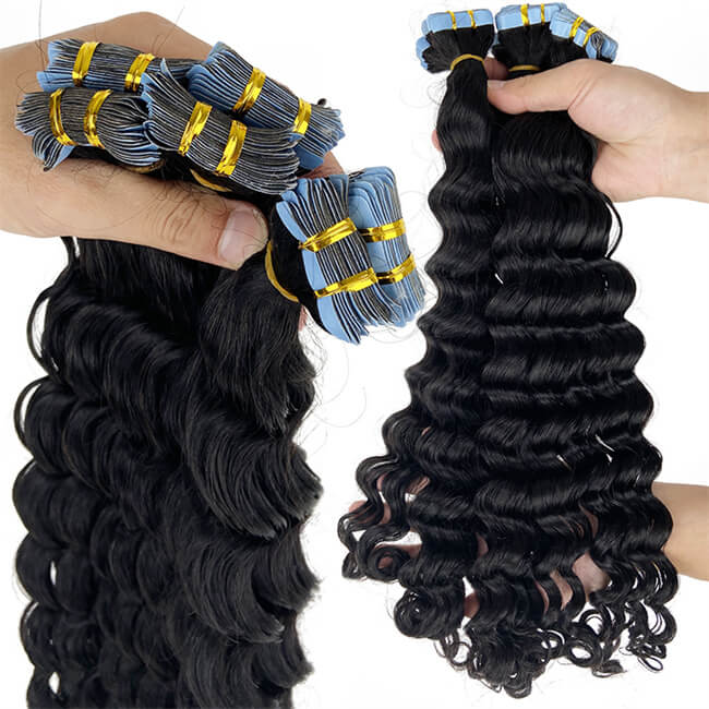 Premium #1B Natural Black Deep Wave Tape-In Hair Extensions | 100% Human Hair