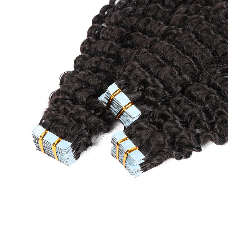 Premium #1B Natural Black Deep Curly Tape In Hair Extensions | 100% Human Hair