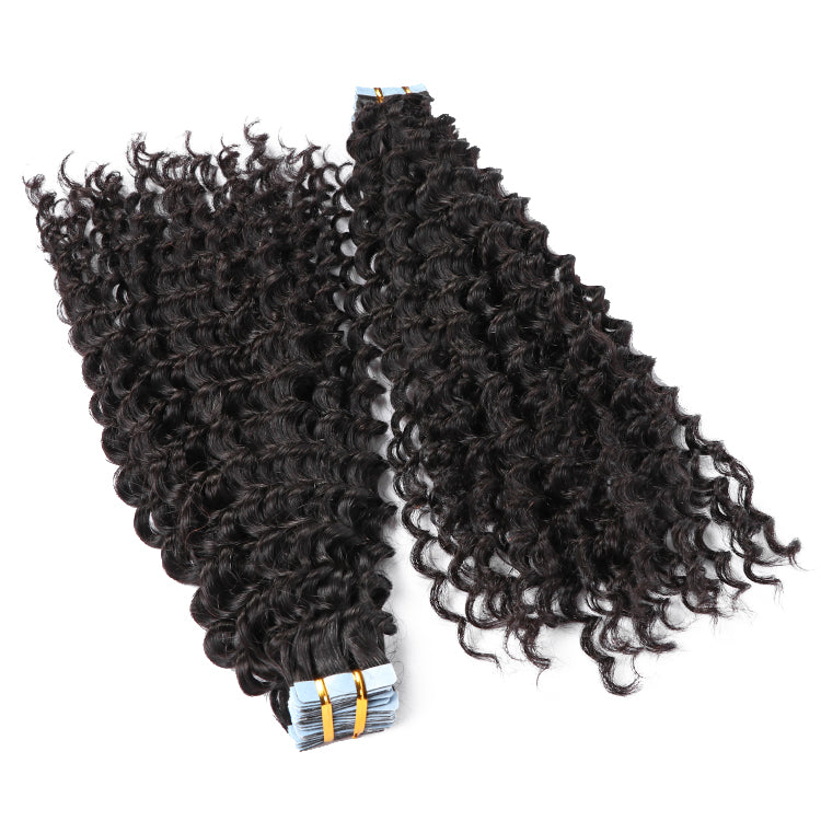 Premium #1B Natural Black Deep Curly Tape In Hair Extensions | 100% Human Hair