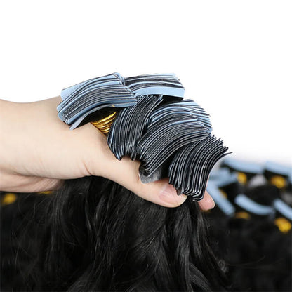 Premium #1B Natural Black Water Wave Tape-In Hair Extensions | 100% Human Hair