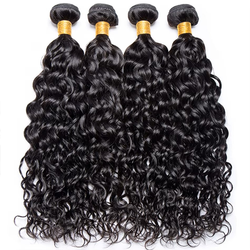 Premium #1B Natural Black Water Wave Bundles with 4×4 Lace Closure | 100% Human Hair